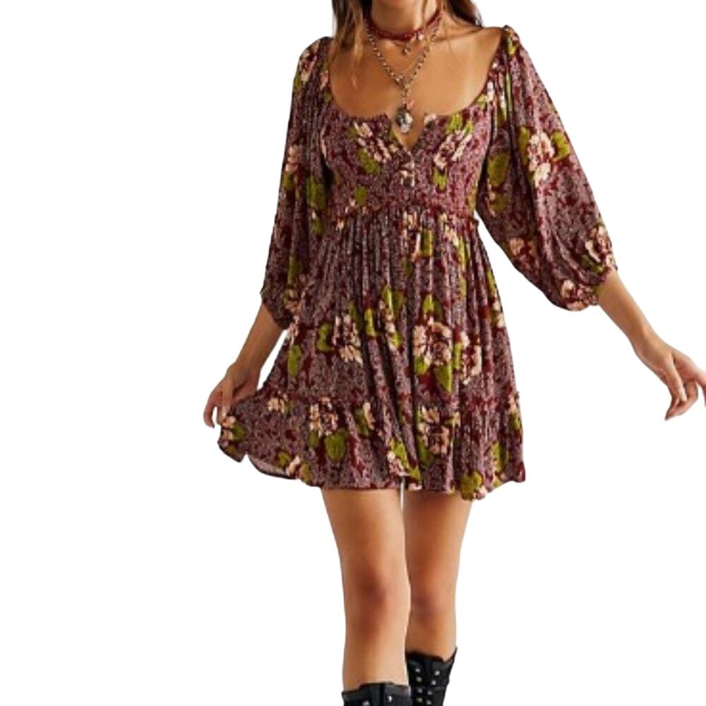 Free People Mini Dress Sz Small Maroon Puff Sleeve Bohemian Floral Pockets Boho